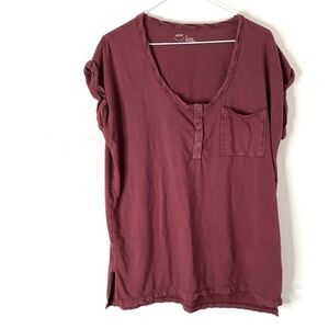 Aerie Burgundy Short Sleeve Tee Henley Pocket T-Shirt Top Comfy Lounge Button S